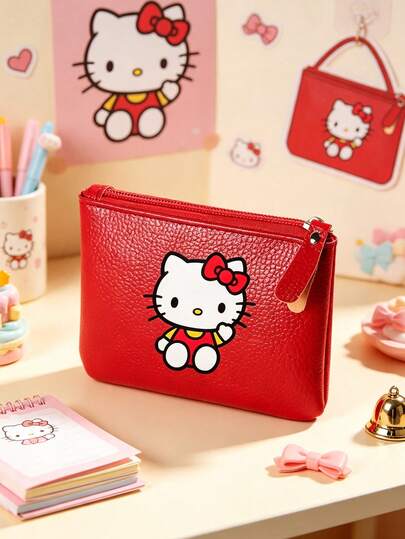 SANRIO 1 قطعة محفظة صغيرة هالو كيتي، محفظة عملات معدنية لطيفة من جلد البولي يوريثان، محفظة صغيرة بسحاب من جلد البولي يوريثان الأنيق & حامل بطاقات، للمفاتيح/الهوية، محفظة حمل يومية سهلة التنظيف