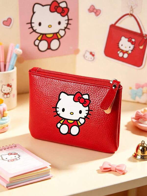 SANRIO 1 قطعة محفظة هالو كيتي صغيرة، محفظة عملات لطيفة من جلد PU، محفظة جلد PU صغيرة بسحاب & حامل بطاقات، مناسبة للمفاتيح/بطاقة الهوية، محفظة سهلة التنظيف للاستخدام اليومي