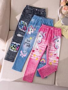 3pcs Young Girl Denim Print Slim Fit Pants Set - Hot Pink - View 3