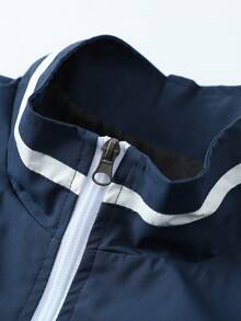 Men's Colorblock Half-Zip Stand Collar Pullover Windbreaker Jacket, Functional Half-Open Front Jacket With Curved Logo Embroidery And Elastic Cuffs, Casual Sports Top For Spring And Autumn - Navy Blue - View 4