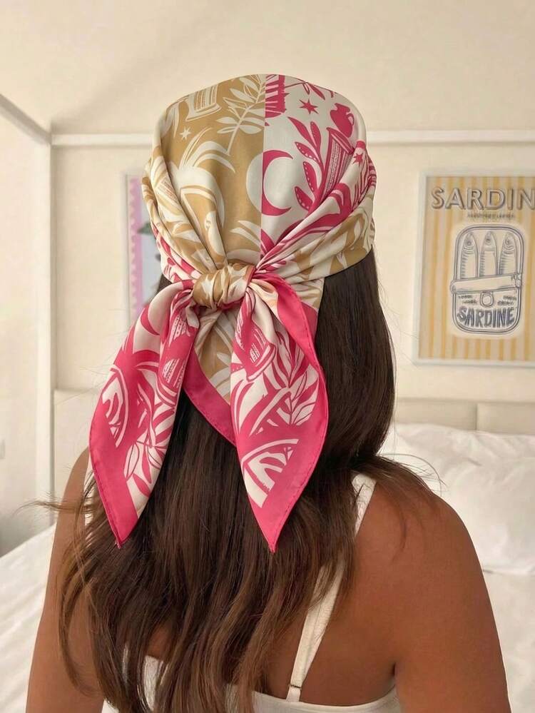 1pc Faux Silk Plant Patchwork Print 68cm Small Square Bandana Scarf For Women, Fashionable Versatile Waist Belt Tie, Decorative Silk Scarf, Necktie, Hair Accessory, Suitable For Daily Wear - Multicolor - View 3