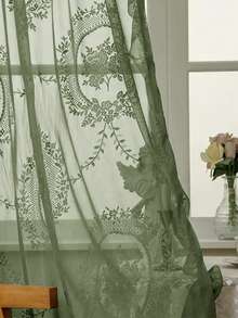 1pc Vintage Floral Lace Sheer Curtain, Retro Style Lightweight Long Pleated Ruffle Soft Light Gauze Curtain, Suitable For Home Decor All Seasons - Green - View 7