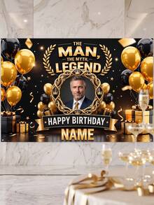 1pc - Customized Happy Birthday Backdrop, Customized Black & Gold Theme Printed Poster - Personalized Birthday Party Customized Photo And Name Poster - Suitable For Party Decorations, Birthday Gifts, Gallery Decor And Photo Props, Party Decorations, Unique Personalized Background Photography And Display, Party Decorations, Multi-Functional, Durable, Highly Decorative, Summer Holiday - Multicolor - View 5