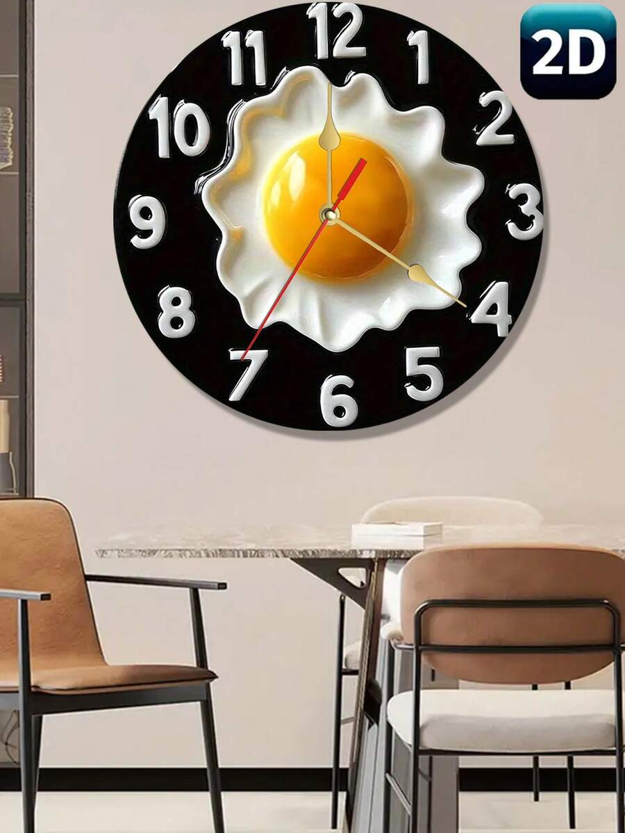 1pc 10"/12" 2D Flat Design Wooden Wall Clock, Breakfast Theme, Black Background, White Numbers & Fried Egg Illustration, Classic Kitchen Or Restaurant Decor, Multi-Functional Practical Clock - Multi-color 3 - View 1