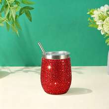 12oz Sparkling Rhinestone Straw Cup With Lid, 304 Stainless Steel Double-Wall Vacuum Insulated Wine Egg Cup, Travel And Vacation Essential - Multicolor - View 11