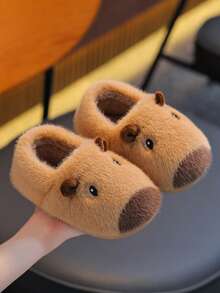 1 Pair Capybara Kids Plush Slippers, Boys Winter Cartoon Home Non-Slip Slippers, Girls Toddler Big Kids Slippers - Khaki - View 3