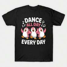 -----T-shirt Universali da Uomo e Donna per Estate/Autunno - T-shirt Rosa con Pinguini Danzanti 'Dancing Fun Dance All Day Every Day' - Abbigliamento da festival per donna - Y2K - - nero - Visualizzare 1