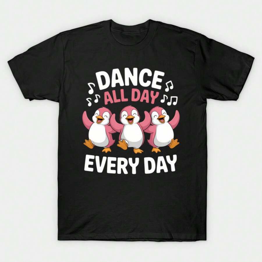 -----T-shirt Universali da Uomo e Donna per Estate/Autunno - T-shirt Rosa con Pinguini Danzanti 'Dancing Fun Dance All Day Every Day' - Abbigliamento da festival per donna - Y2K - - nero - Visualizzare 1