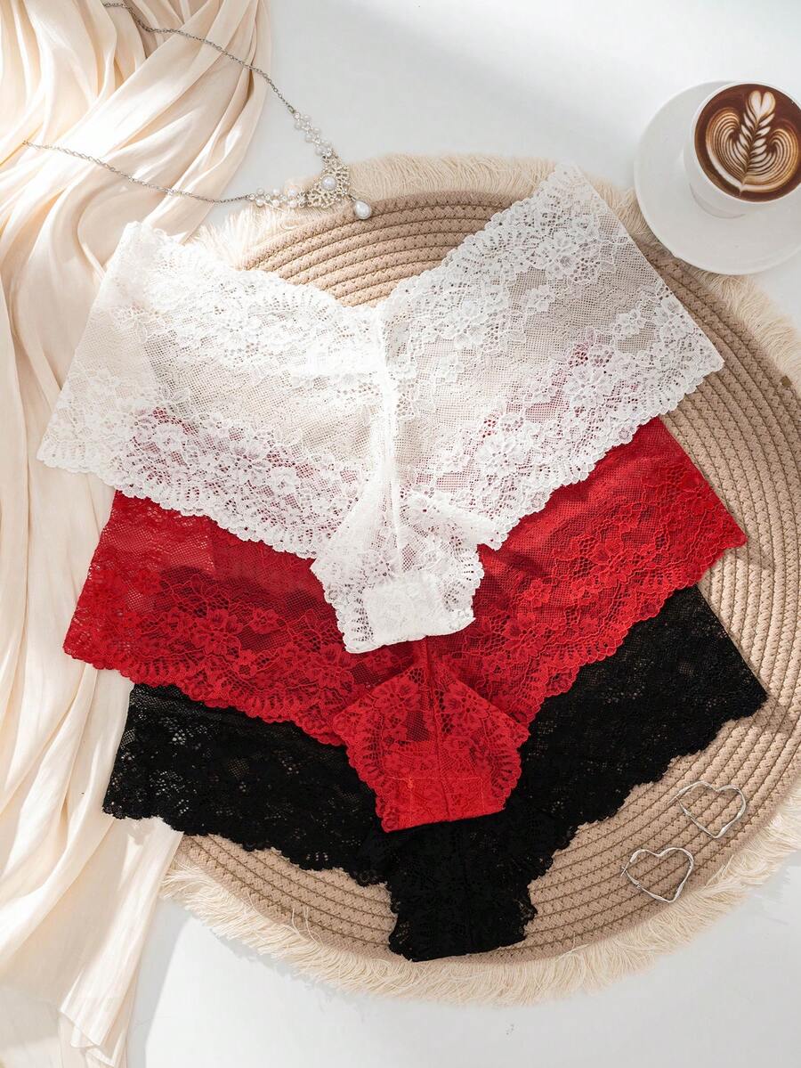 3pcs/Pack Women's Plus Size Lace Panties, Sexy & Comfortable Triangle Briefs - Multicolor - View 1