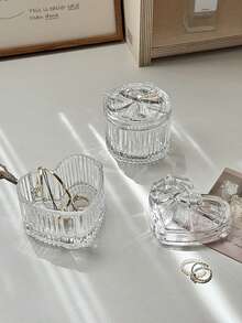 1pc Bowknot Heart-Shaped Glass Jewelry Box, Transparent Jewelry Jar With Bowknot Embossed Decoration, Home Glass Storage Box Decorative Ornament - Transparent - View 3