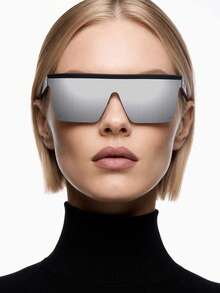 1pc Square Large Frame Rivet Connected Mirrored Fashion Glasses, Unisex Fashion Glasses Suitable For Street, Beach, Party, Travel, Gift For Women - Black Frame White Mercury Film - View 3