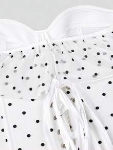 Apperloth A Áo corset nữ thanh lịch họa tiết chấm bi dáng ôm, phối lưới bèo nhún, thắt dây sau lưng, kiểu bandeau hở vai, có gọng định hình cho mùa hè - Chấm bi trắng - Xem 8