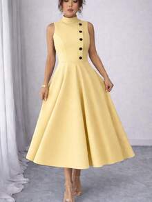 Elegant Sleeveless High Neck Midi Dress For Women, Side Button Detail, Chic Casual And Party Tailored Dress - amarelo bebe - 查看 1