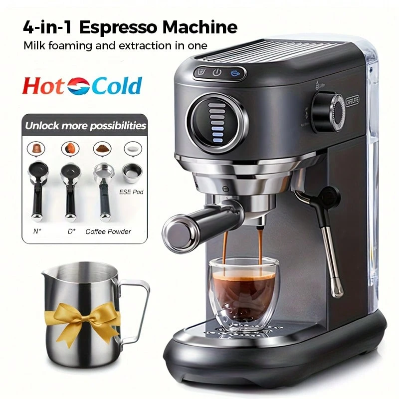 CAFELFFE Espresso Machine, 4-In-1 Semi-Automatic Coffee Maker Compatible With Capsules, 20BAR, Hot & Cold Brewing, Compatible With D* And N* Capsules/ESE Pods/Ground Coffee, Milk Frother, 7-Level Water Adjustment, 1.1L Removable Water Tank - UK Plug(220-240V) - View 1