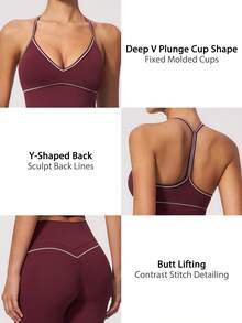 NcmRyu Women's One Set Contrast Color White Line Spaghetti Strap V-Neck Y-Back Tank Top And Hip-Lifting Mid-Length Shorts Sports Set - Red - View 4
