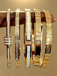 1pc/5pcs New Stainless Steel Waterproof Non-Fading Multi-Style Design (Roman Numerals, Four-Leaf Clover, Rhinestone Inlaid, Etc.) Versatile Commuter Luxury Accessory, Layering Essential, Hypoallergenic, Niche Design, Holiday Gift - Yellow Gold - View 9