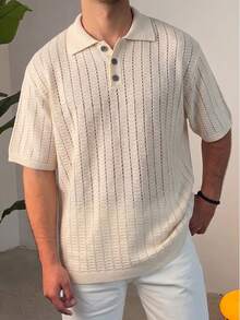 Spring/Summer Men's Unisex Polo Collar Short Sleeve Knit Top Hollow Out Casual Loose Business Commute Half-Open Placket Pullover T-Shirt - Apricot - View 3