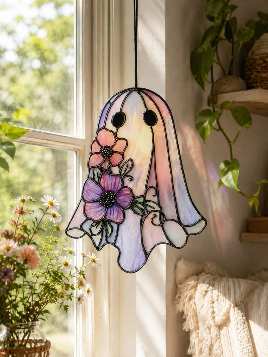 1pc Acrylic Ghost Flower Hanging Ornament, Floral Acrylic Pendant Decor, Cute Macaron Color Window Hanging, Bohemian Gothic Style Wall Hanging, Personalized Decorative Accessory, Witchy Room Decor, Pastoral Home Decor, Suitable For Plants, Windows, Kitchen, Bedroom Gift, Desktop And Wall Art