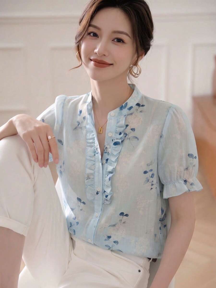 YUXIN Women's Floral Print Short Sleeve Frill Trim Button Down Shirt Summer - Baby Blue - View 1