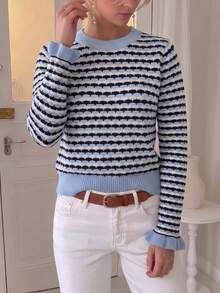 Women's Fashion Striped Pullover Sweater, Long Sleeve Round Neck Knit Top, Suitable For Autumn Wear - Multicolor - View 4