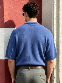 Lookun Men's Knitted Cardigan Round Neck Short Sleeve Vintage Casual Open Front Knit Jacket Spring Summer - Blue - View 5