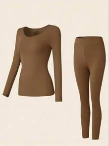 2pcs/Set Women Seamless Thermal Underwear Set Ultra Thin Warm Long Sleeve Top & Leggings Solid Color Crew Neck Base Layer Outfit, Soft Lightweight Comfortable Loungewear Pajama Set Versatile Inner Layer Or Outerwear Casual Wear For Fall Winter - Dark Coffee - View 14