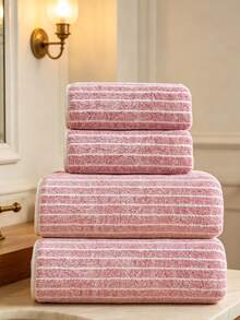 Coral Fleece Soft Quick-Dry Striped Bath Towel/Hand Towel/Face Towel/Beach Towel, Suitable For Bathroom, Back To School, Home Essentials, Skin Care - Pink - View 3