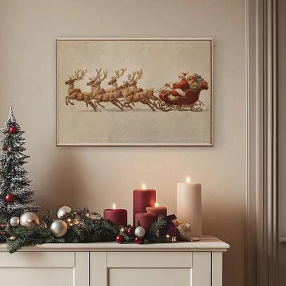 1pc Framed/Unframed Vintage Santa Sleigh Reindeer Christmas Holiday Canvas Poster Cozy Winter Xmas Festival Rustic Wall Art Print Farmhouse Decor Painting For Living Room,Bedroom,Modern Home Decoration
