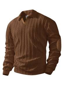 Men's Jacquard Fabric T-Shirt, Textured V-Neck Long Sleeve T-Shirt, Autumn/Winter - Coffee Brown - View 3