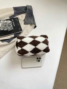 時尚多用途絎縫刺繡格紋加厚化妝包 學生鉛筆袋 波點圖案休閒手提小包 保暖羽絨款 - 彩色 - 查看 3