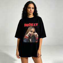 Loose Y2K Stylish Letter Print T Shirt - Casual Round Neck,Short Sleeves,Machine Washable - Suitable For Spring/Summer/Autumn,Fashion Style - 黑色 - 查看 1