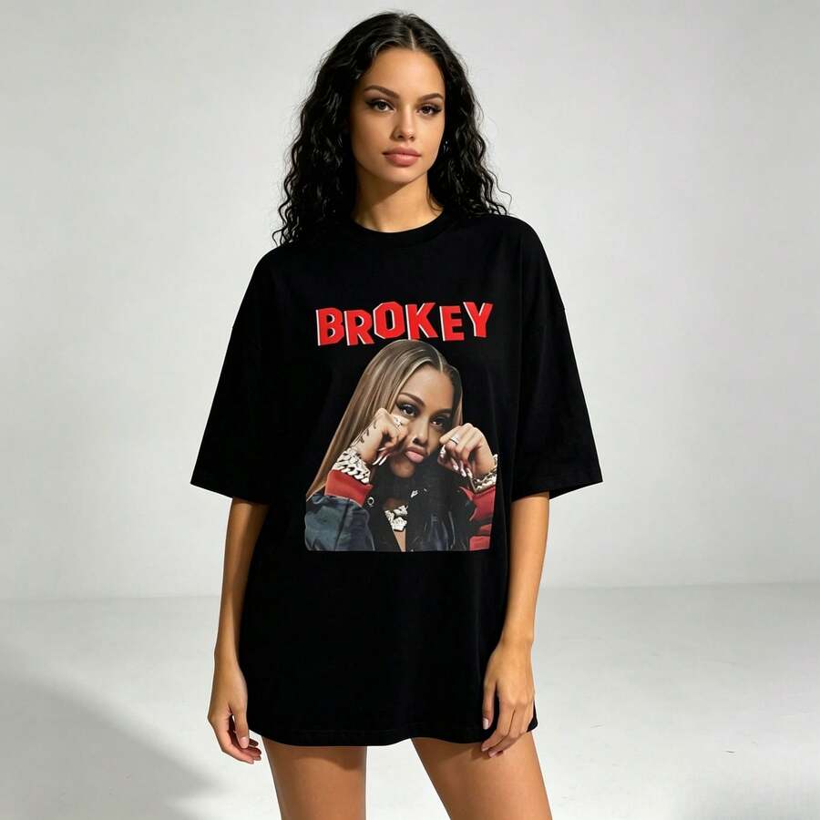Loose Y2K Stylish Letter Print T Shirt - Casual Round Neck,Short Sleeves,Machine Washable - Suitable For Spring/Summer/Autumn,Fashion Style - 黑色 - 查看 1