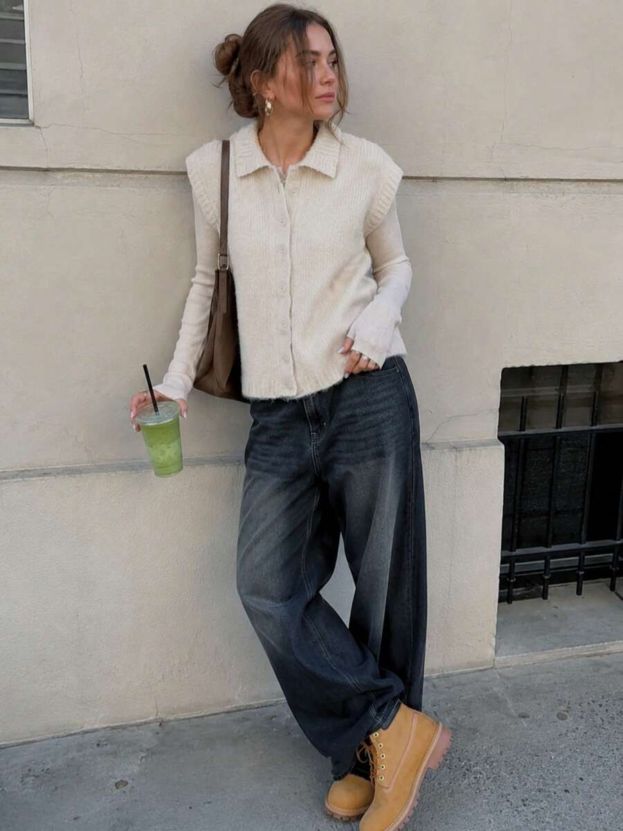 Chaleco de punto con solapa de unicolor para mujer, top de capa minimalista casual para otoño - Beis - Ver 1