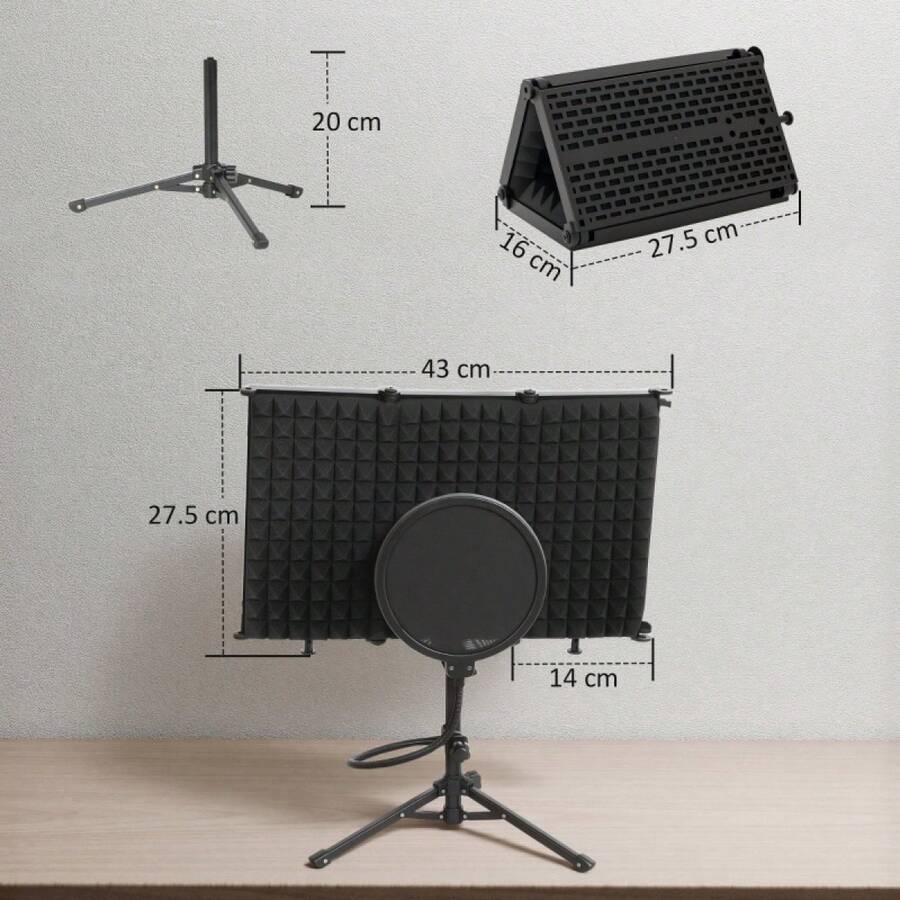 Studio Microphone Shield With And Tripod Stand, Foldable Adjustable Recording Studio Equipment, 3-Panel High Density Absorbent Foam Shield With 3/8 Threaded Mount, Black On-Site - 1 - View 1