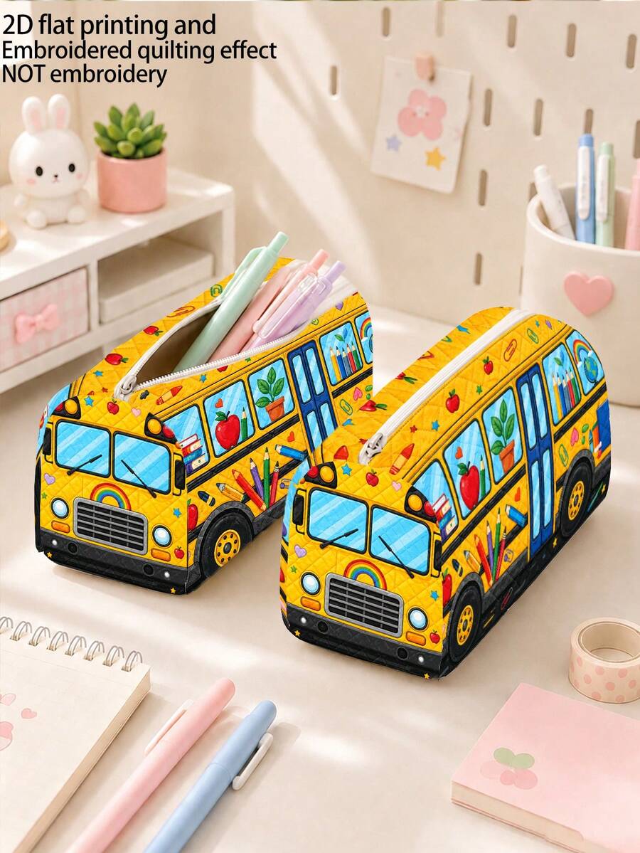 校園風「BUS」圖案鉛筆盒/文具收納袋-多功能大容量設計,可用於存放辦公用品、創意多用途鉛筆盒或便攜旅行化妝包,適合學生與成人日常使用,滿足文具收納、日常整理、過夜旅行、度假及健身房收納需求,返校必備宿舍用品(2D圖案,非刺繡) - 多色 - 查看 1