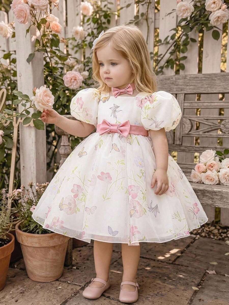 Baby Girls Thick Strap Bow Print Organza Elegant First Birthday Dress Suitable For Flower Girl Wedding, Headband Not Included - Multicolor - View 1