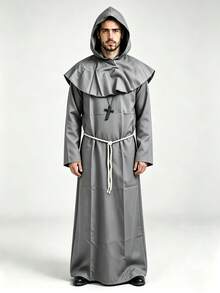 1 Set Men's Halloween Cosplay Medieval Cloak Monk Robe Wizard Priest Gown With Hood, Waist Rope & Necklace - Grey - View 1