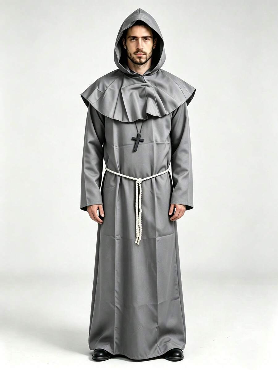 1 Set Men's Halloween Cosplay Medieval Cloak Monk Robe Wizard Priest Gown With Hood, Waist Rope & Necklace - Grey - View 1