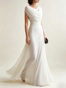 Vestido de fiesta elegante con pliegues y escote drapeado novedad 2026, diseño versátil para look informal y eventos - Blanco - Ver 2