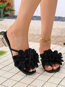 Sandalias de moda con decoración floral para mujer, casuales versátiles para playa de verano, con tacón de cristal, estilo minimalista - Negro - Ver 5
