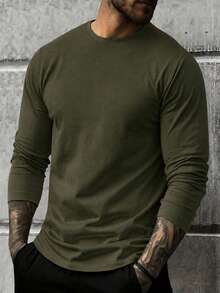 Men's Casual Crew Neck Lightweight Long Sleeve T-Shirt Suitable For Casual Sports And Commuting - Army Green - View 1