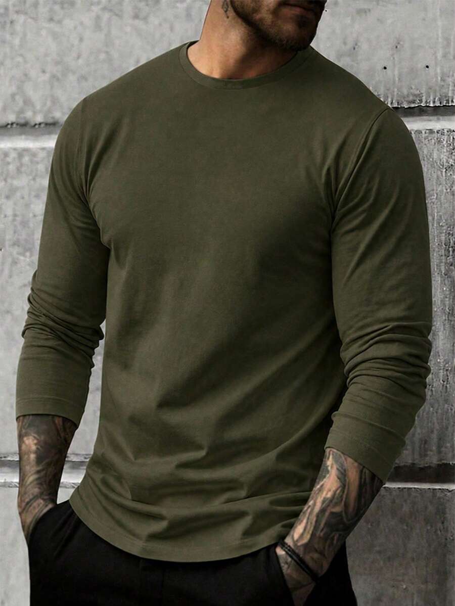 Men's Casual Crew Neck Lightweight Long Sleeve T-Shirt Suitable For Casual Sports And Commuting - Army Green - View 1