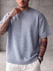 Spring/Summer Men's Neutral Knit Casual Loose Round Neck Versatile Commute Short Sleeve Pullover T-Shirt - Blue - View 2