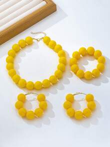 4pcs/Set Bohemian Style Acrylic Asymmetrical Geometric Beaded Pendant Bracelet, Earrings, Necklace Set, Suitable For Women's Daily Wear, Summer Vacation, Party, Festival - Yellow - View 4