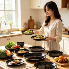 15pcs 7.5 Inch And 6pcs 10.25 Inch Black Single Ring Gold Rim Plates, 2 Sizes Available, Reusable And Washable, Perfect For Home, Hotel, Birthday, Outdoor And Various Party Events - Black - View 7