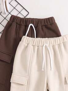2pcs Celana Jogging Kasual Minimalis untuk Anak Laki-Laki, Berlapisan Termal, dengan Kantong dan Ujung Manset, Musim Gugur/Dingin - MultiWarna - View 3