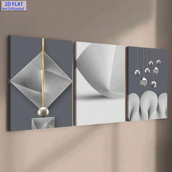 2D Plano, 3 piezas Decoración de pared geométrica abstracta moderna enmarcada en lienzo - Marco de madera maciza adecuado para, Oficina, Minimalista, Paleta neutra, Paneles abstractos para espacios contemporáneos, Instalación, Decoración, 2D Plano