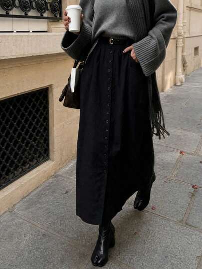 Plus Size Long Woven Skirt, Non-Stretch, Opaque, Front Button Design, Side Pockets, Create Fashionable Daily Look Black