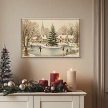 1pc Framed/Unframed Snowy Town Square Christmas Tree Canvas Poster Winter Wonderland Ice Skating Wall Art Print Xmas Festival Nordic Decor Rustic Painting For Apartment,Living Room,Bedroom,Modern Home Decoration - A - View 4