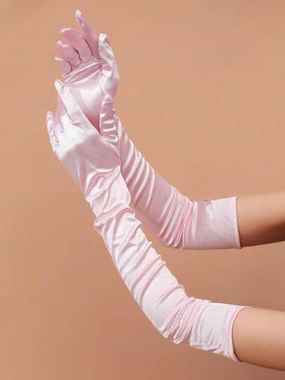 1 Pair Pink Satin Long Gloves For Women, Sexy Evening Party Gloves Suitable For Wedding Party Outfit Matching